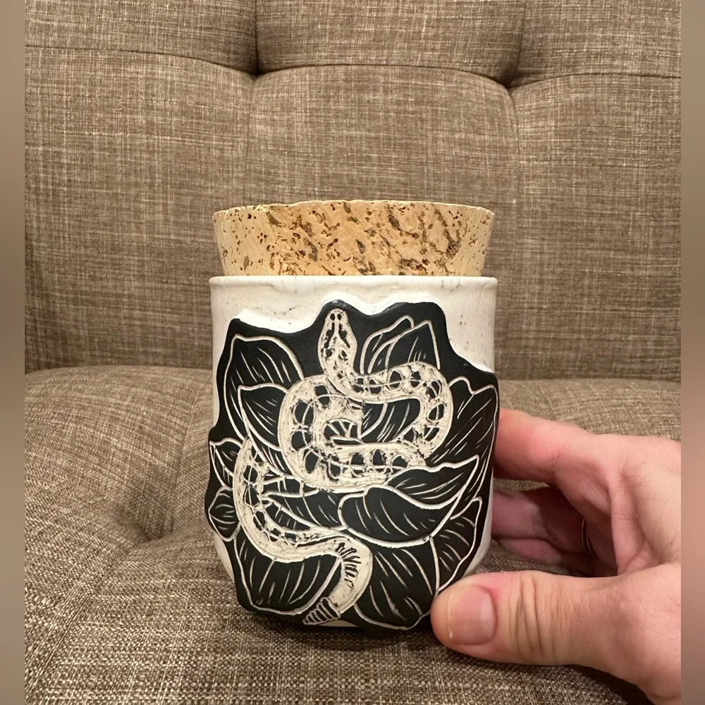 Handmade ceramic Jar with cork lid. Stash Jar pottery Snake